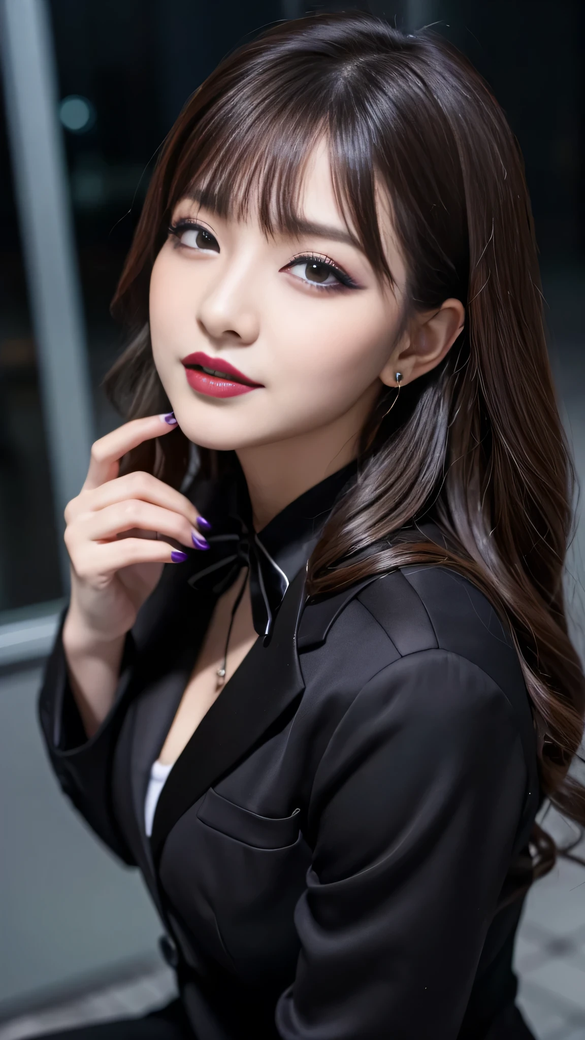 best quality、ultra-detailed、4k、Japanese、Seductive beauty、seductive adult woman、Pretty Woman、cool girl、Villainess、Brainwashed、brainwash、Fallen into evil、smirk、Evil look、Wicked Smile、evil、Brown hair、wavy hair、swept bangs、dark makeup、dark makeup、piercing eyes、hollow eyes,half-closed eyes、Hollow Eyes、purple Eyeshadow、black lipstick、black lipglos、office staff suit、suit、Jacket、Black sleeves、shirt、Black Ribbon、Tight Skirt、night、inside darkroom、Are standing、shoot from below、Makeup brushes、Have lipstick、Emblem of Evil、Crest of Darkness、Swear allegiance、I have pledged my allegiance、Dye black、Blackening、Stained with evil、Dyed in darkness、Seduce