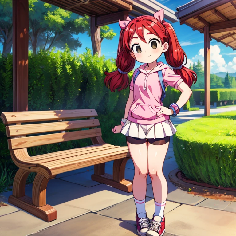 1girl, red hair, twintails, black eyes, hair bow, pink hoodie, short sleeves, wristband, white skirt, bike shorts, socks, sneakers, outdoors, park, bench, standing, pointing at viewer, wink, looking at viewer score_9, score_8_up, score_7_up, score_6_up, score_5_up, score_4_up, BREAK source_anime, masterpiece.  Indoor, intricate detail.

