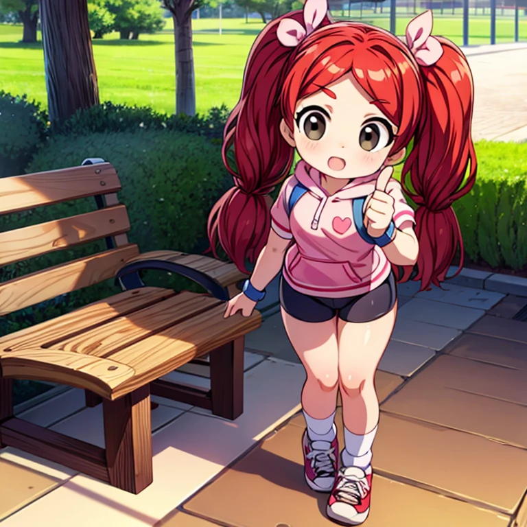 1girl, red hair, twintails, black eyes, hair bow, pink hoodie, short sleeves, wristband, white skirt, bike shorts, socks, sneakers, outdoors, park, bench, standing, pointing at viewer, wink, looking at viewer score_9, score_8_up, score_7_up, score_6_up, score_5_up, score_4_up, BREAK source_anime, masterpiece.  Indoor, intricate detail.

