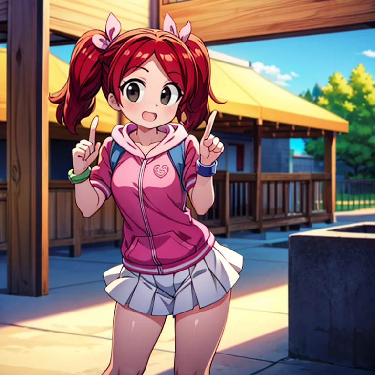 1girl, red hair, twintails, black eyes, hair bow, pink hoodie, short sleeves, wristband, white skirt, bike shorts, socks, sneakers, outdoors, park, bench, standing, pointing at viewer, wink, looking at viewer score_9, score_8_up, score_7_up, score_6_up, score_5_up, score_4_up, BREAK source_anime, masterpiece.  Indoor, intricate detail.

