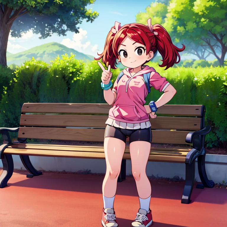 1girl, red hair, twintails, black eyes, hair bow, pink hoodie, short sleeves, wristband, white skirt, bike shorts, socks, sneakers, outdoors, park, bench, standing, pointing at viewer, wink, looking at viewer score_9, score_8_up, score_7_up, score_6_up, score_5_up, score_4_up, BREAK source_anime, masterpiece.  Indoor, intricate detail.

