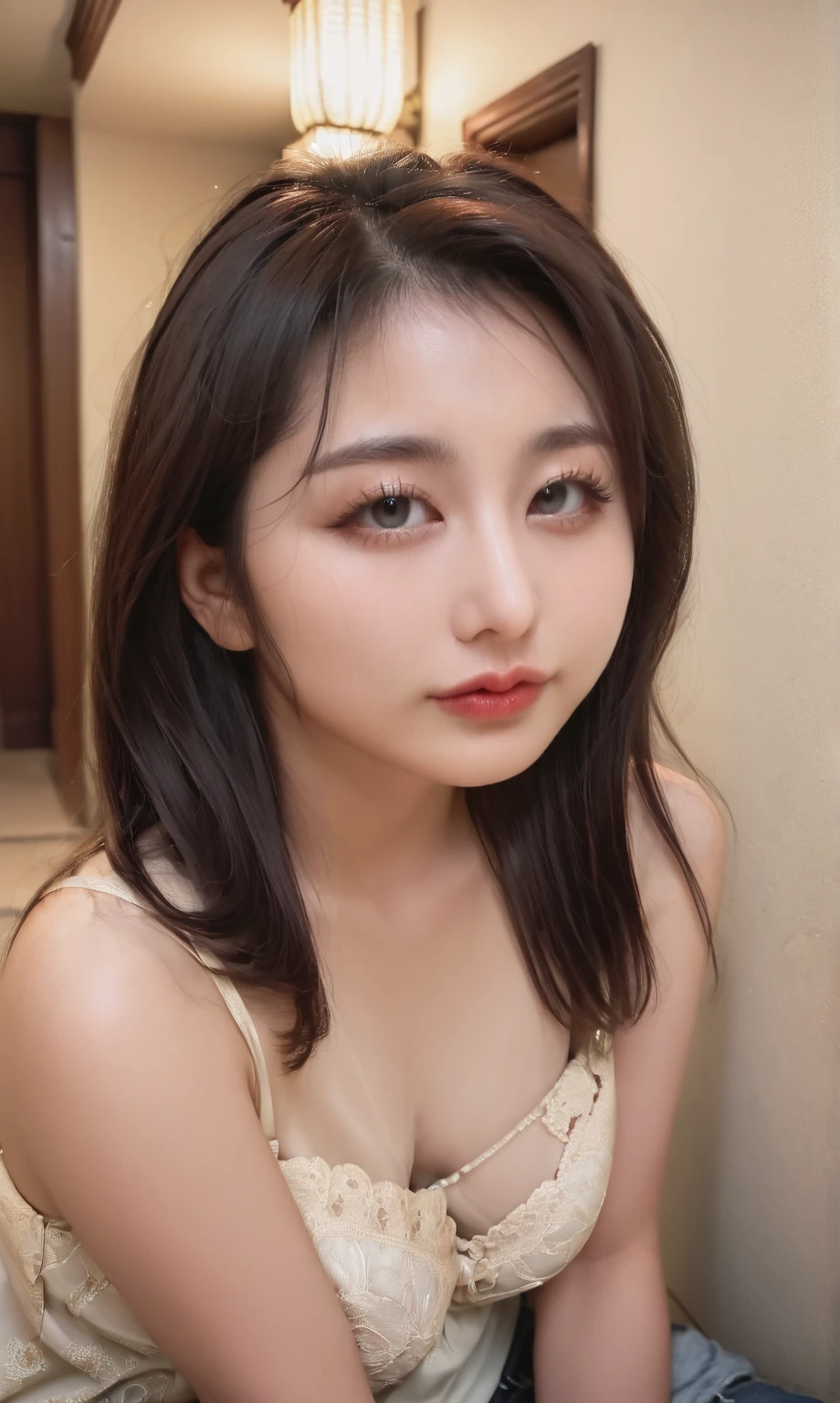 2 korea girl,sitting in hallway,looking up at camera,curvy figure,medium bust size,detailed facial features,beautiful eyes,full lips,long eyelashes,detailed hair,natural lighting,warm color tones,high quality,8k,detailed painting,photorealistic,cinematic, wearing sexy bra