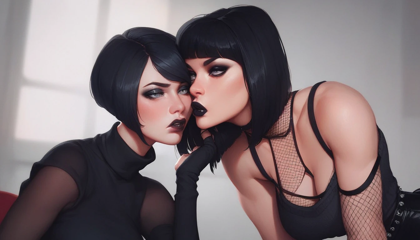 pov, two girls, goth girl, emo girl, licking penis, foreskin, 3d