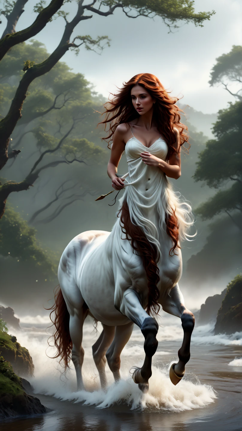 (Best quality, 4k, 8k, highres, masterpiece:1.5) ultra-detailed, (realistic, photorealistic, photo-realistic) In a fantasy setting, a young female centaur looks over her shoulder at something to one side.  She has wavy, long, dark auburn hair which blows in the wind. White horse body, dark auburn tail, black hooves