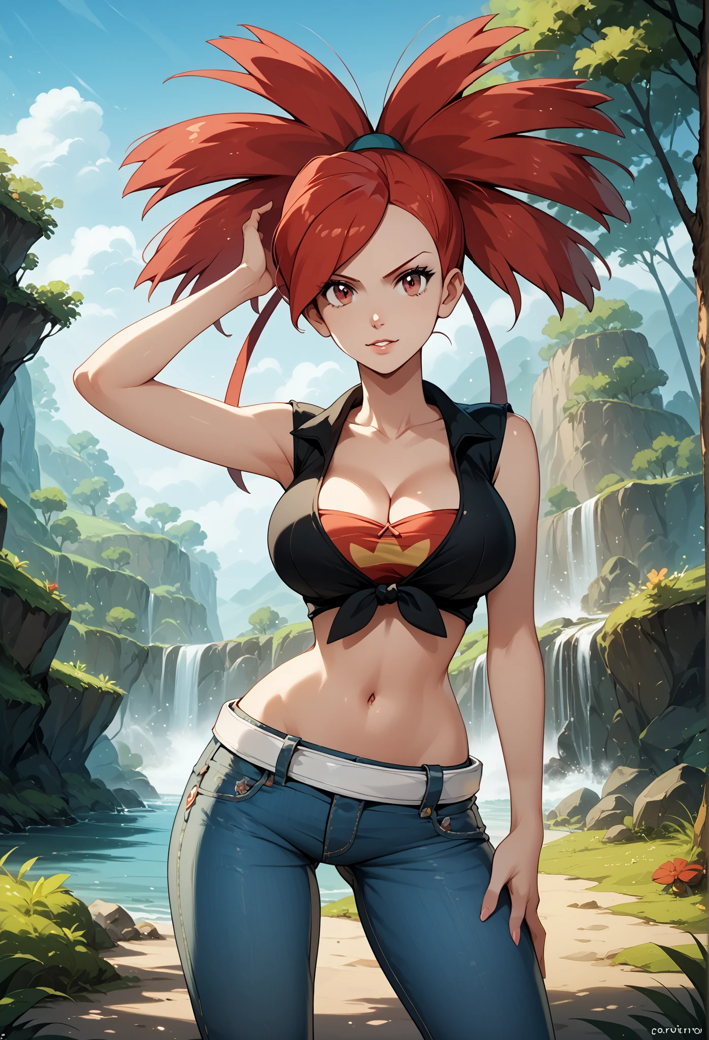 Perfect CG unity 8K UHD wallpaper, Perfect CG unity 8K UHD wallpaper, flannery (pokemon), red hair, red eyes, front-tie top, cleavage, sleeveless, white belt, narrow waist, midriff, navel, denim jeans, lowleg jeans, cowboy shot, outdoors, vulcanic eruption, large breasts