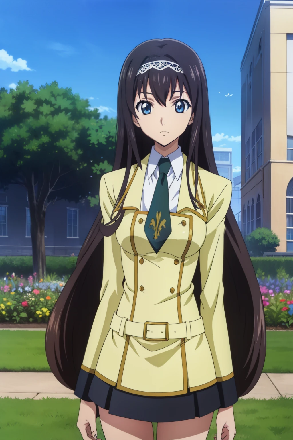 1 girl, cute, black hair, long hair, 髪band, (walking), (School Uniform), (In the school garden), (anime cels style, Masterpiece, best quality, high resolution, anime colored, megami magazine:1.2, anime poster style, anime keyvisual, sharp, 8k, photorealistic), beautiful eyes