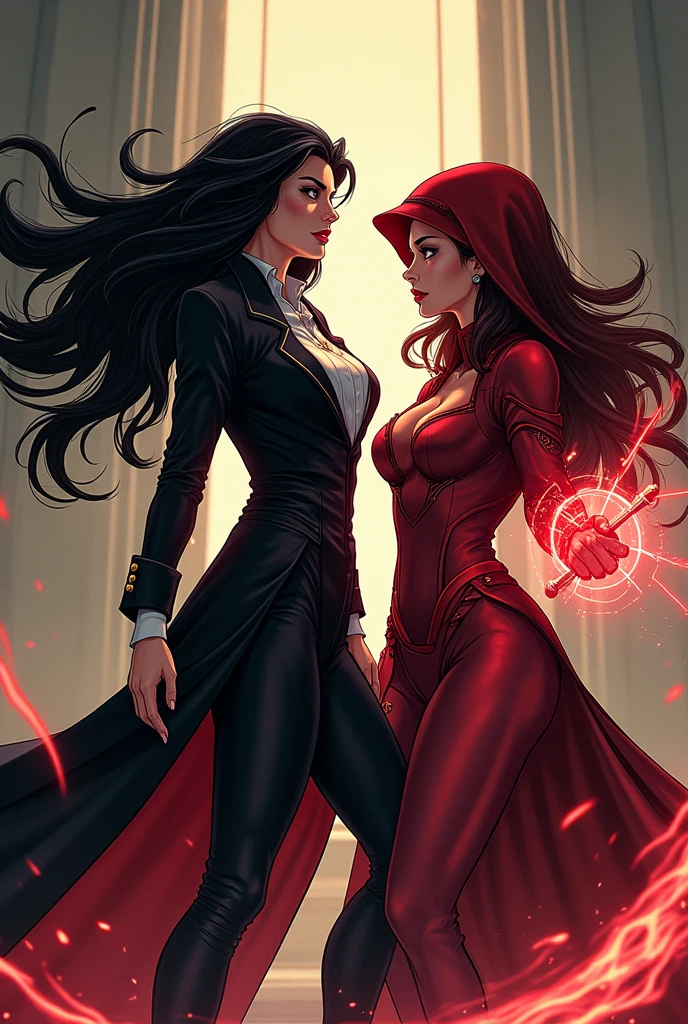 titans raven with red colors with horns and red eyes, casting shadows with a scepter. He has medium hair and pale white skin.. His full body is shown. And he's fighting America's female hero., with long black curly hair and a blue suit, The heroine is winning the battle, heroin is much more powerful