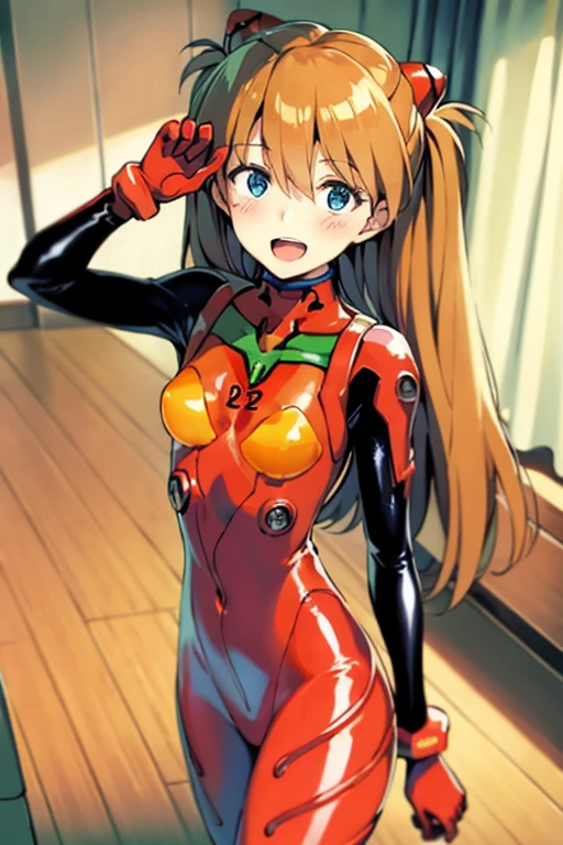 (( top quality)), ((masterpiece)), (be familiar with),  perfect face, indoor, bedroom, looking at the viewer,
One woman,  Soryu Asuka Langley,
 open mouth,  ecstatic expression beside the piano, blush, smile,
 small tits,  flat chested, Young girl, Lori,  s,  girl,
 long hair,  twin tails,
Leg spread,