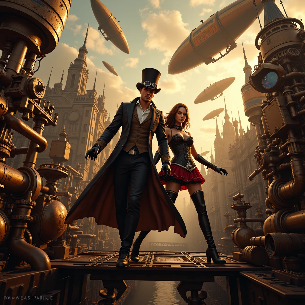 Steampunk style,Chiaroscuro,3D Render Art,best quality,dynamic lighting,complex machinery,Victorian architecture,clockwork gears,steam and smoke effects,ornate metallic details,brass and copper tones,airships in the sky,adventurous atmosphere,1male,1female,steampunk goggles,top hat,corset,detailed gloves,dramatic pose, clckwrk,epic scale cityscape,cloudy sky with golden light,immersive storytelling,machinz