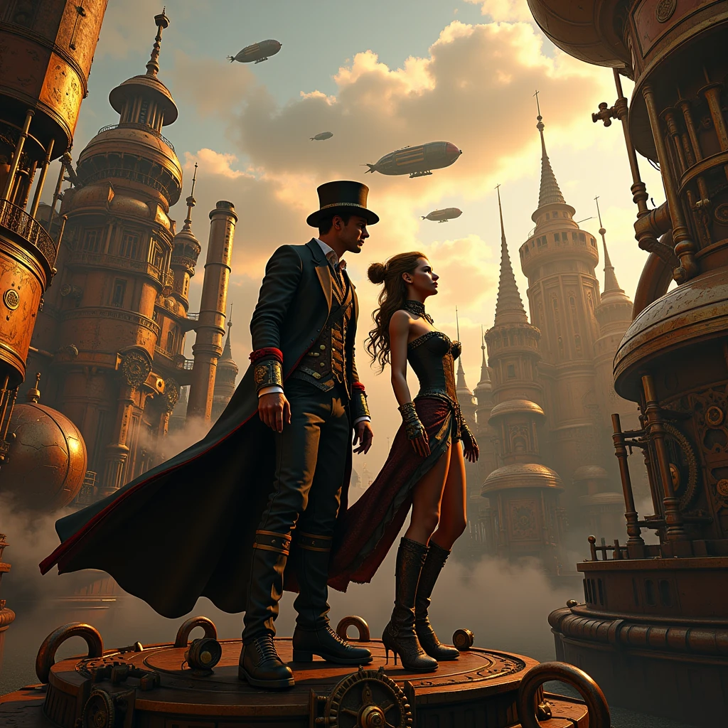 Steampunk style,Chiaroscuro,3D Render Art,best quality,dynamic lighting,complex machinery,Victorian architecture,clockwork gears,steam and smoke effects,ornate metallic details,brass and copper tones,airships in the sky,adventurous atmosphere,1male,1female,steampunk goggles,top hat,corset,detailed gloves,dramatic pose, clckwrk,epic scale cityscape,cloudy sky with golden light,immersive storytelling,machinz