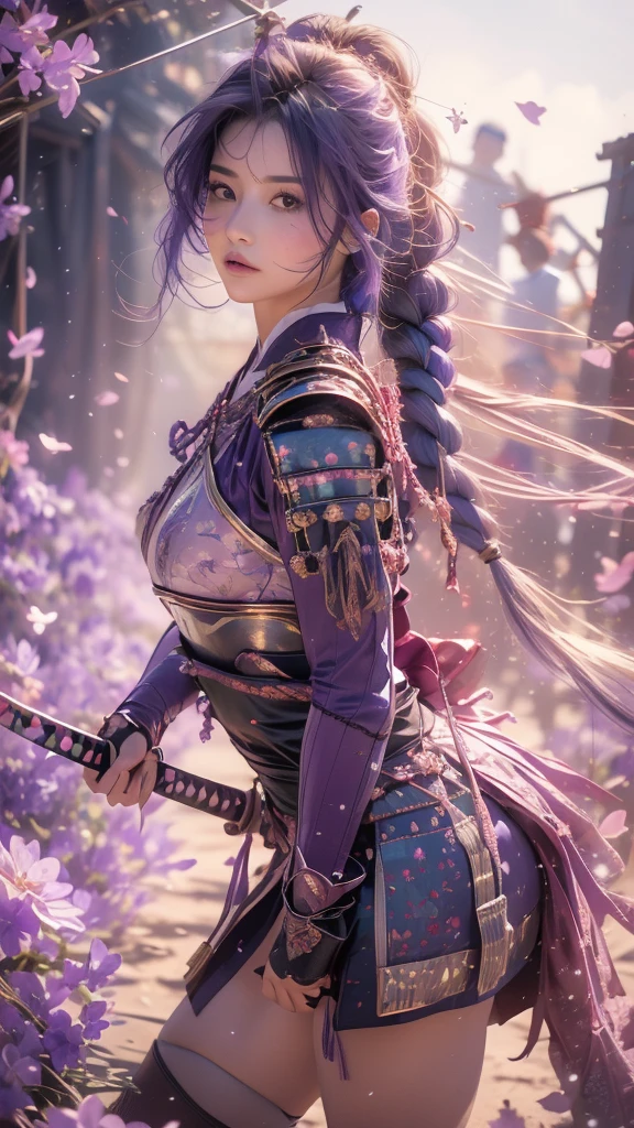 {best quality}, {very aesthetic}, {ultra-detailed}, nsfw、((acrobatic pose)) 、((intense angle))、Sexy Lolita female character wearing purple armor as a warrior from the Sengoku period、((realistic))、((rope braid hair))、((Mauve blue hair ))、((toned body))、(glistening skin)、loli、、 tight body、((flat chest))、((side boob))、 flat chested、 plump thighs 、 purple armor with violet flower patterns engraved 、((side boob))、(  wearing a cape with a violet flower pattern )、(drape skirt)、 purple armor with violet flowers engraved on it 、 purple high-leg underwear 、Purple tights、 absolute domain、(holding katana)、Dramatic lighting、Brilliant sunrise、 on top of the hill、((Violets dancing ))、(( full bloom in the background ))、(( large violet flowers in full bloom on the front ))、 cinema-like scene 、 Max Image、 Ultra High Definition、8k、masterpiece、crisp quality、