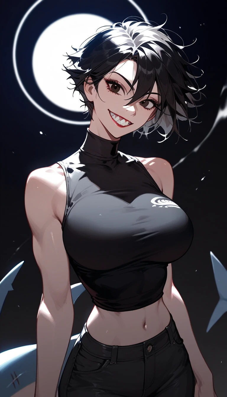 girl,Short hair,Shark Teeth, in black eyes,Black hair,Dark circles under the eyes, big breasts, Sleeveless Top,Long sleeve , without pants,Tall,smile,Villains, dark edges,beautiful