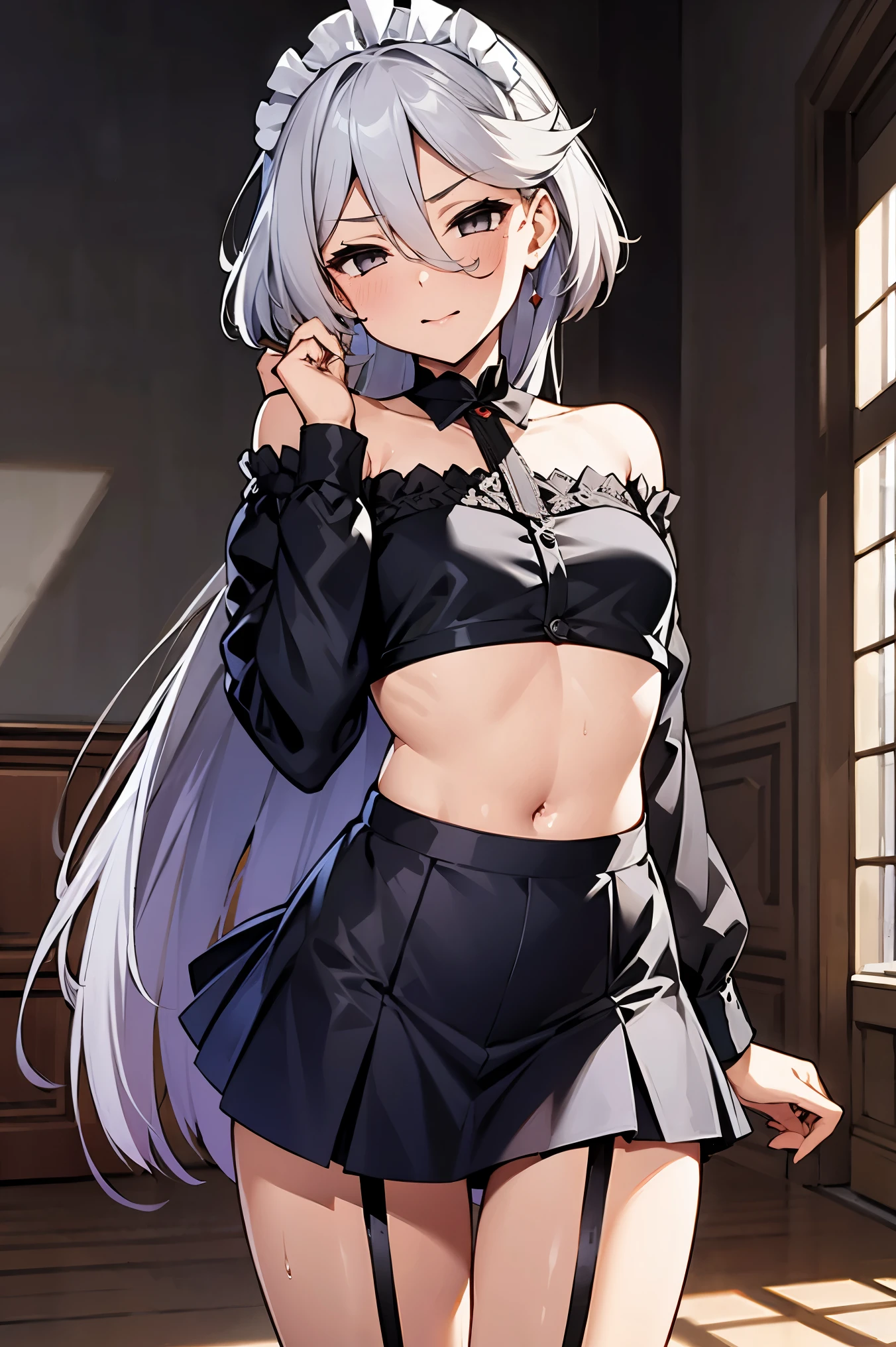 NSFW,masterpiece, top quality, high definition , very detailed ,miorine rembran、 long hair on background、 gray eyes、Grey Hair、 、bangs、 hair between eyes、Floating Hair, maid outfit , Off Shoulder , crop top, miniskirt,Luxurious mansion,Office