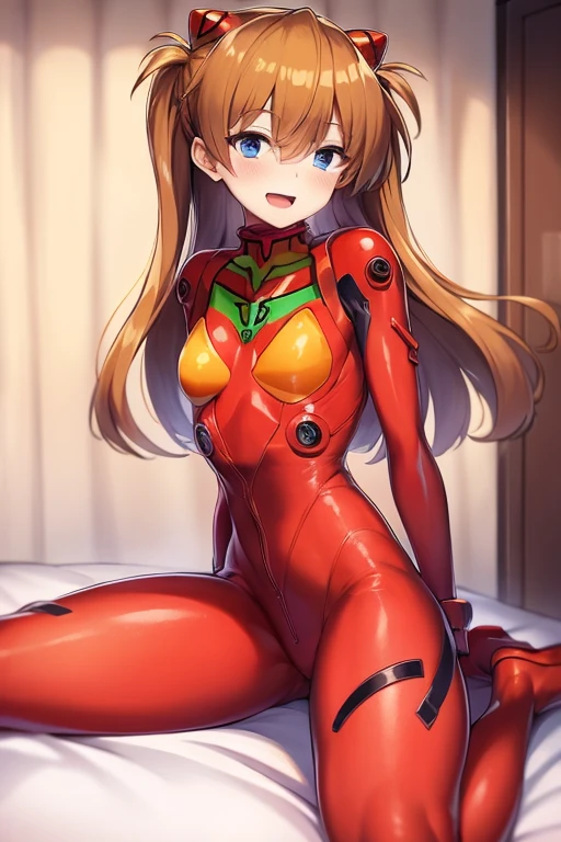 (( top quality)), ((masterpiece)), (be familiar with),  perfect face, indoor, bedroom, looking at the viewer,
One woman,  Soryu Asuka Langley,
 open mouth,  ecstatic expression beside the piano, blush, smile,
 small tits,  flat chested, Young girl, Lori,  s,  girl,
 long hair,  twin tails,
Leg spread,