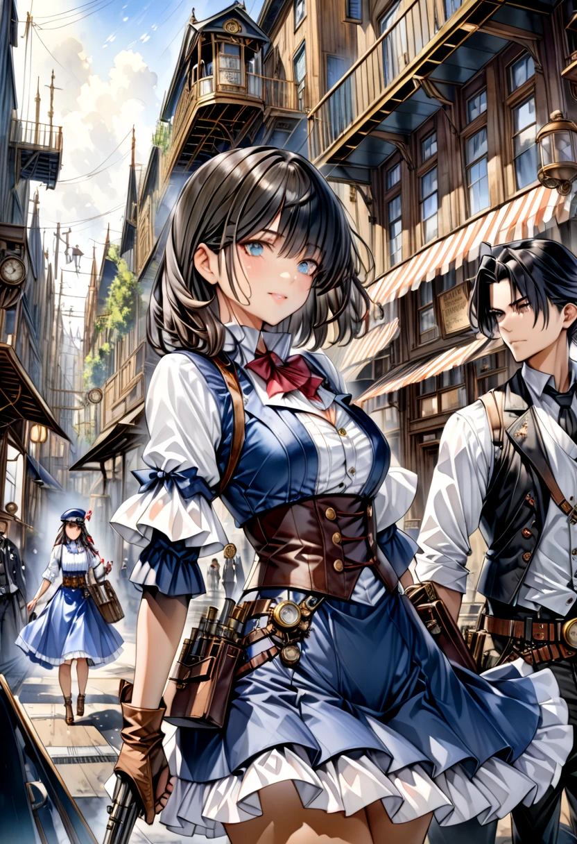  Steampunk  ,  a young gunman with dark hair in a blue costume"Asuka"and a beautiful woman in a white costume with black hair "Haruna"Buddy  , Watercolor ,  very detailed  , Precision , 4K