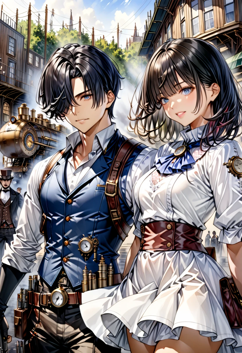  Steampunk  ,  a young gunman with dark hair in a blue costume"Asuka"and a beautiful woman in a white costume with black hair "Haruna"Buddy  , Watercolor ,  very detailed  , Precision , 4K