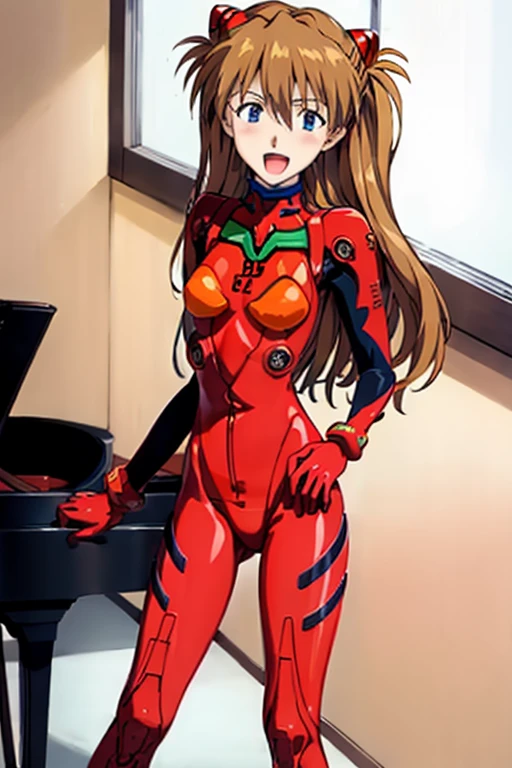 (( top quality)), ((masterpiece)), (be familiar with),  perfect face, indoor, bedroom, looking at the viewer,
One woman,  Soryu Asuka Langley,
 open mouth,  ecstatic expression beside the piano, blush, smile,
 small tits,  flat chested, Young girl, Lori,  s,  girl,
 long hair,  twin tails,
Leg spread,