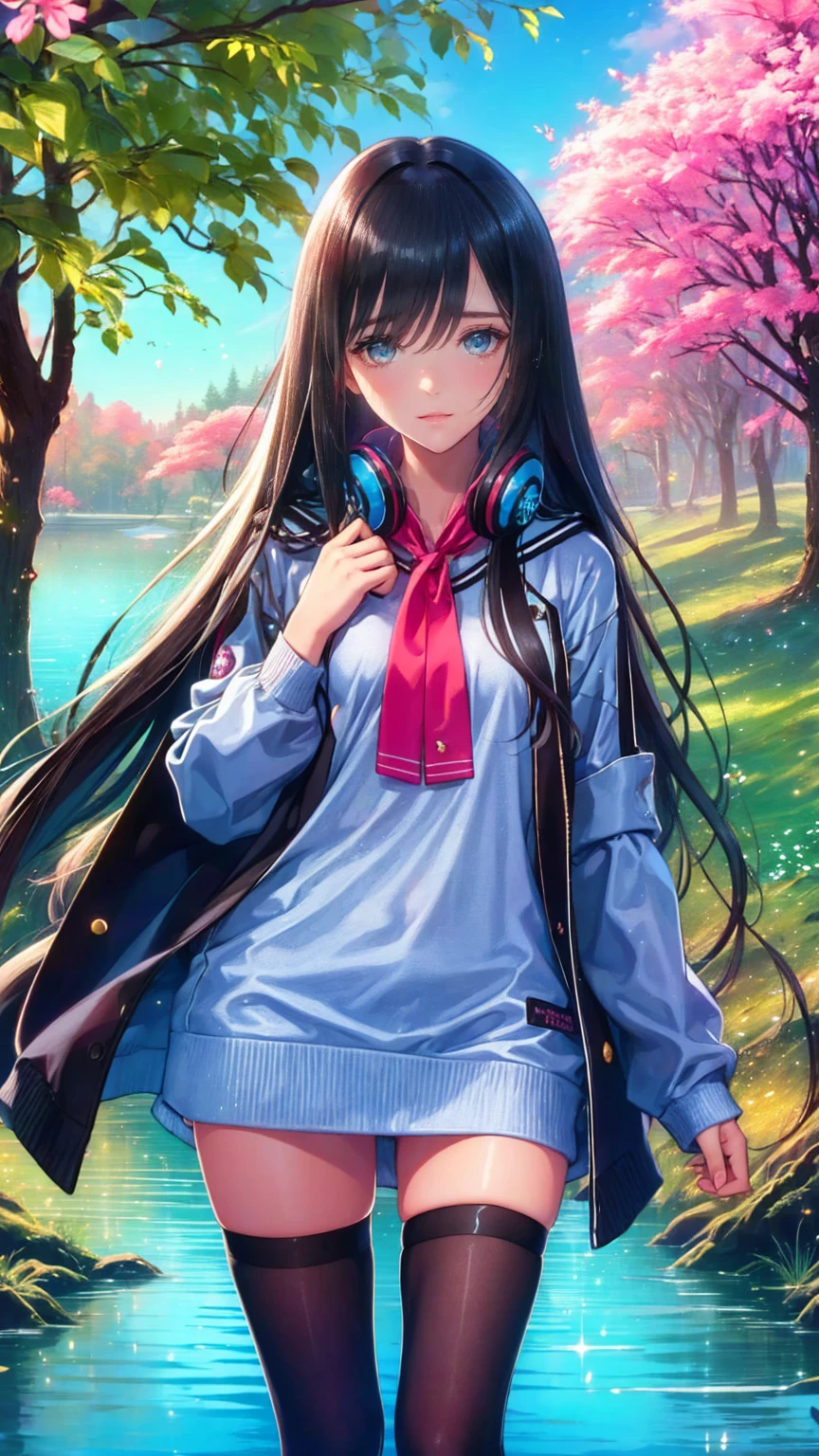  1 girl wearing a long-sleeved sweater to cover her uniform  .  she also wears black tights and wears headphones around her neck. In most cases,  she has bangs partially covering her eyes , small breasts,  blue eyes, Black hair with red lines of hair ,  by the lake by the cherry trees in the park 
