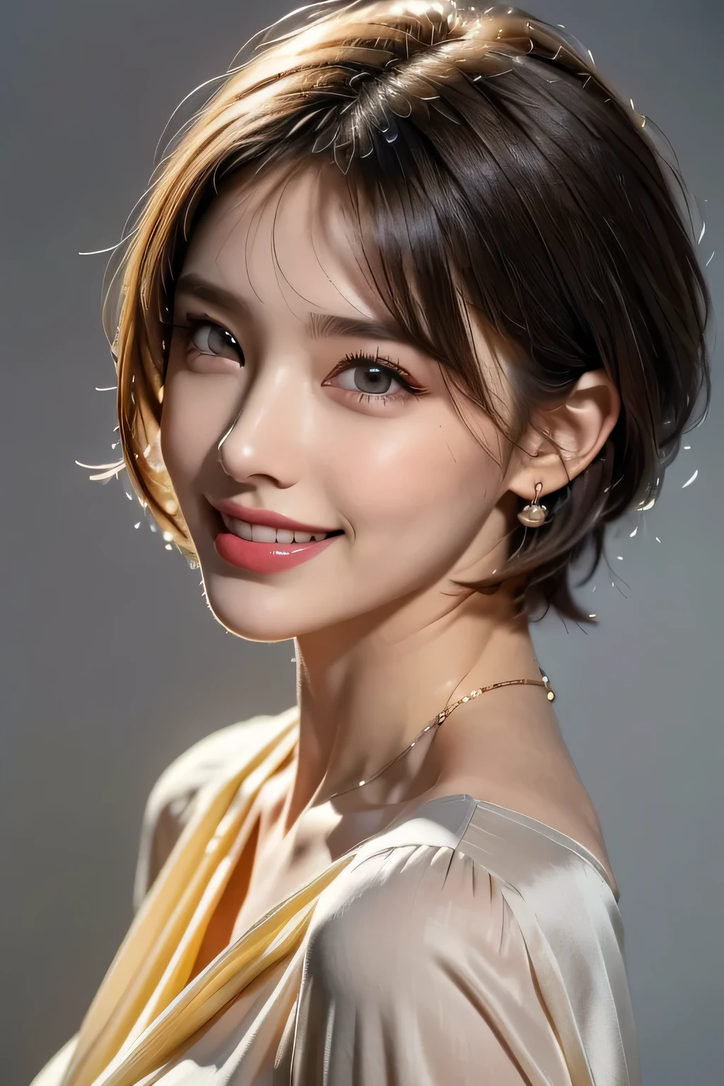 1.  beautiful woman, (1 supermodel), (   perfect anatomy ), (( cowboy shot)), Golden Ratio, (  top quality:1.4), 32k resolution, (   realistic   :1.5), (超   realistic   :1.5), High resolution UHD, (masterpiece :1.2)), (Improved quality:1.4), ( Very Beautiful Face Details ), (Grin), (Top quality realistic feel), ((light yellow silk dress :1.37)), Earrings,  Necklaces , (Big Breasts:1.3), (thigh), (Ass ), Accurate Fingers,  very detailed,  beautiful eyes,  double eyelids ,  eyelash , Shaping your eyebrows, (( very detailed portraits)),  red cheeks , Ultra-  realistic   eyes, Perfect Lips,    perfect eyes,  natural cosmetics, [ Pink Lipstick ], (( Commitment to quality :1.2)), ( beautiful lips:1.33), (Great nose:1.2), (Big Breasts), Brunette Pixie Cut , (( realistic )), (( sharp concentration)), ( highest resolution), (( high image quality)), ((masterpiece)),  PROFESSIONAL CINEMA LIGHTING