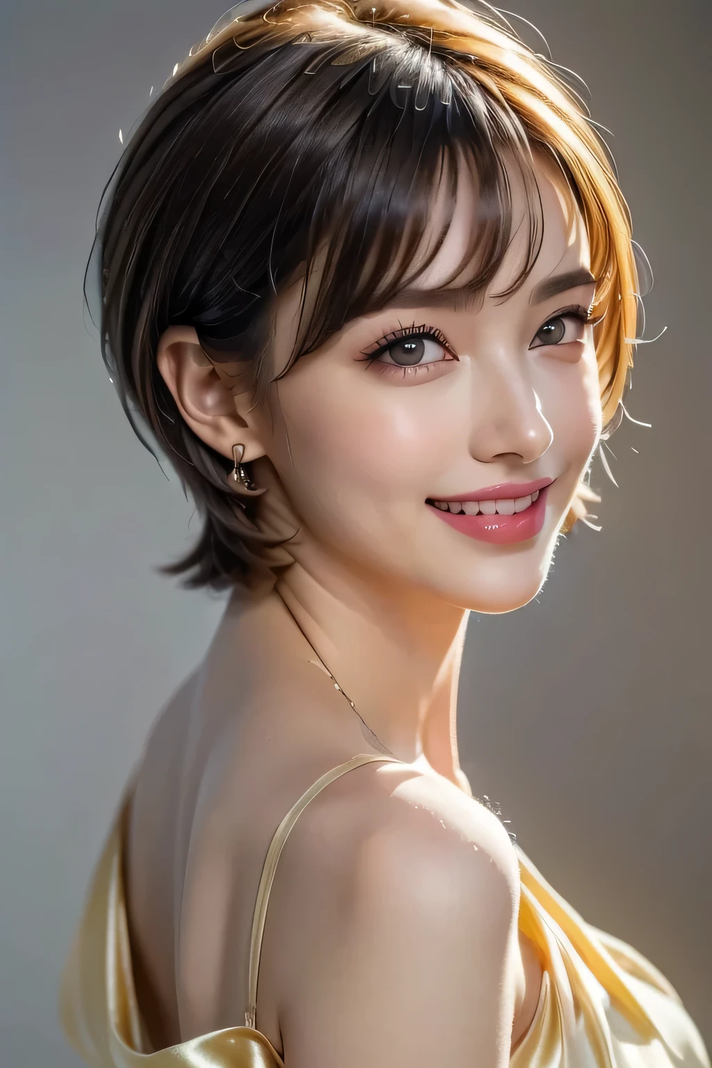 1.  beautiful woman, (1 supermodel), (   perfect anatomy ), (( cowboy shot)), Golden Ratio, (  top quality:1.4), 32k resolution, (   realistic   :1.5), (超   realistic   :1.5), High resolution UHD, (masterpiece :1.2)), (Improved quality:1.4), ( Very Beautiful Face Details ), (Grin), (Top quality realistic feel), ((light yellow silk dress :1.37)), Earrings,  Necklaces , (Big Breasts:1.3), (thigh), (Ass ), Accurate Fingers,  very detailed,  beautiful eyes,  double eyelids ,  eyelash , Shaping your eyebrows, (( very detailed portraits)),  red cheeks , Ultra-  realistic   eyes, Perfect Lips,    perfect eyes,  natural cosmetics, [ Pink Lipstick ], (( Commitment to quality :1.2)), ( beautiful lips:1.33), (Great nose:1.2), (Big Breasts), Brunette Pixie Cut , (( realistic )), (( sharp concentration)), ( highest resolution), (( high image quality)), ((masterpiece)),  PROFESSIONAL CINEMA LIGHTING