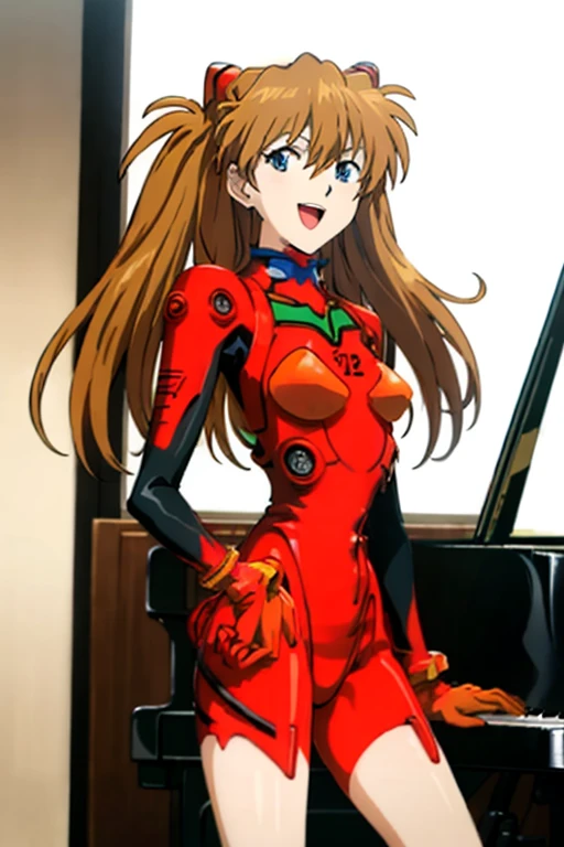 (( top quality)), ((masterpiece)), (be familiar with),  perfect face, indoor, bedroom, looking at the viewer,
One woman,  Soryu Asuka Langley,
 open mouth,  ecstatic expression beside the piano, blush, smile,
 small tits,  flat chested, Young girl, Lori,  s,  girl,
 long hair,  twin tails,
Leg spread,