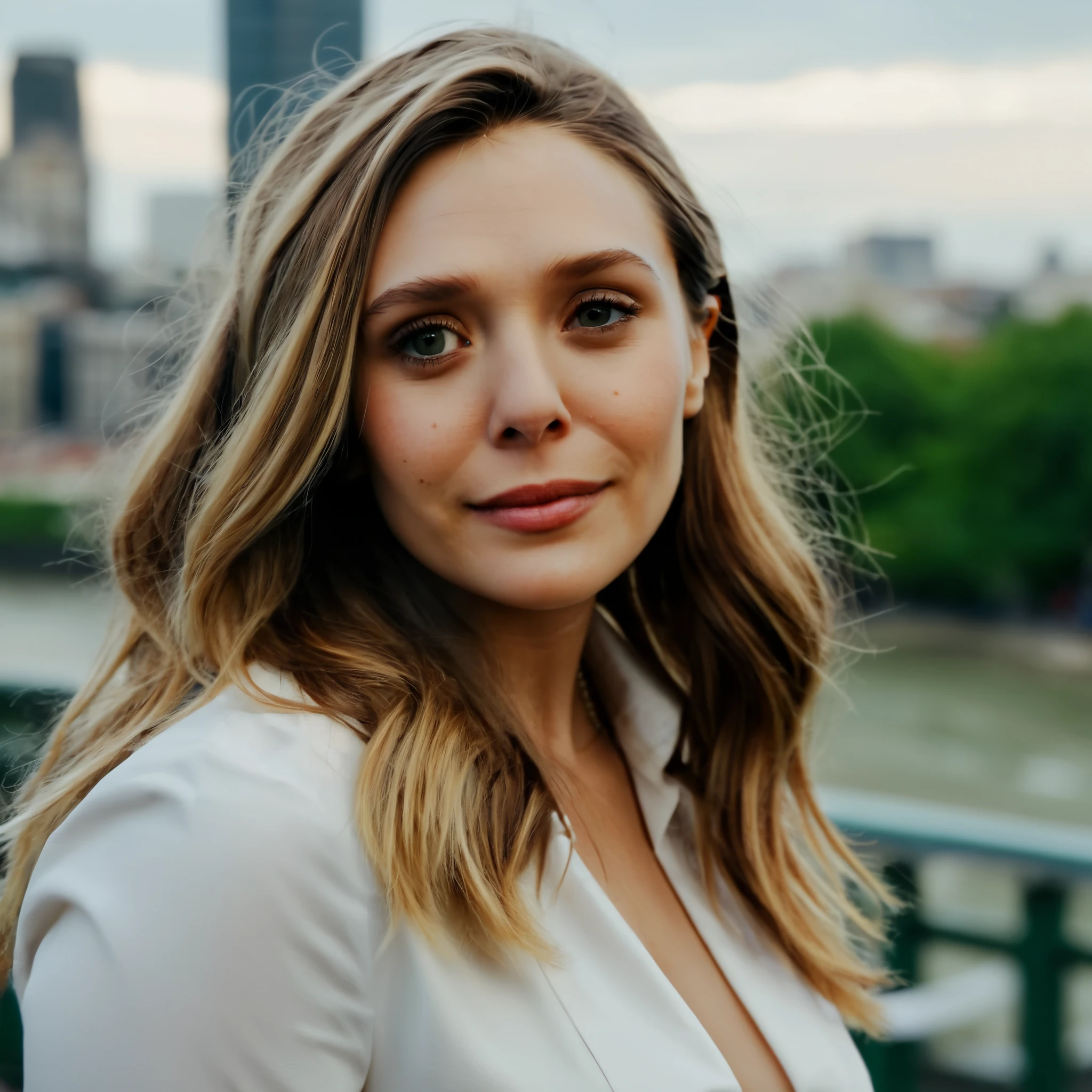  smiling Elizabeth Olsen , ( skin texture, pores, nature,iPhone,born)), nature lighting,  best quality close-up portrait photo of Elizabeth Olsen with beautiful hair and no makeup, Nikon Z9,  realistic matte skin ,  Blurry city on background , 8k,      nudes