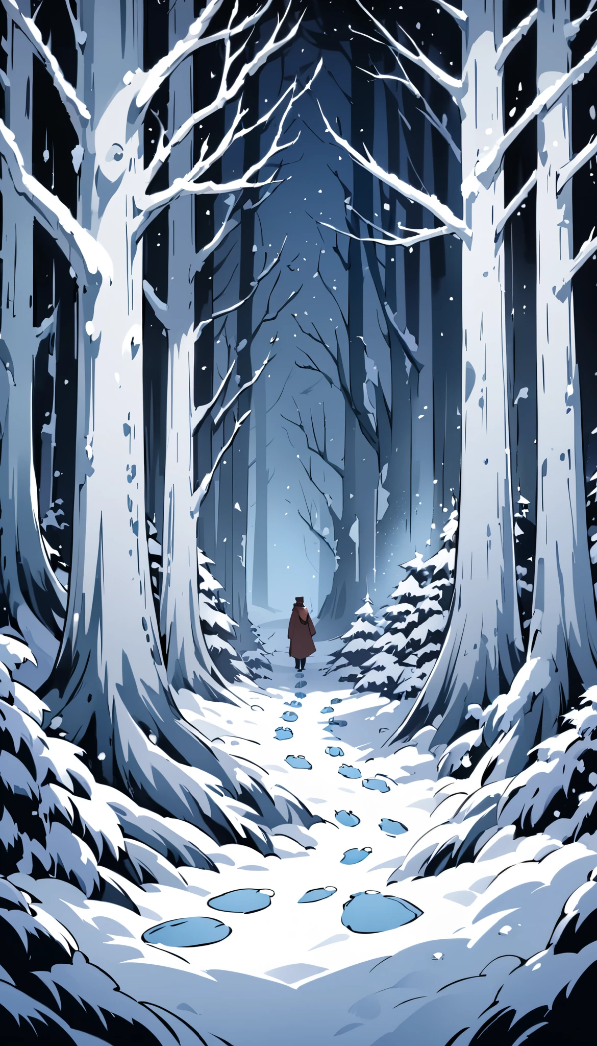 a painting style illustration depicting a winter forest with snow covered trees, animal and human footprints made in the snow. The forest is enchanted, with an atmosphere of mystery and loneliness, conveying a sense of the mysteriousness of the nocturnal inhabitants. The central figure is a man investigating the footprints left by someone in the forest. Use soft, subdued lighting to create a mood of mystery and suspense, pencil style image, cartoonish.