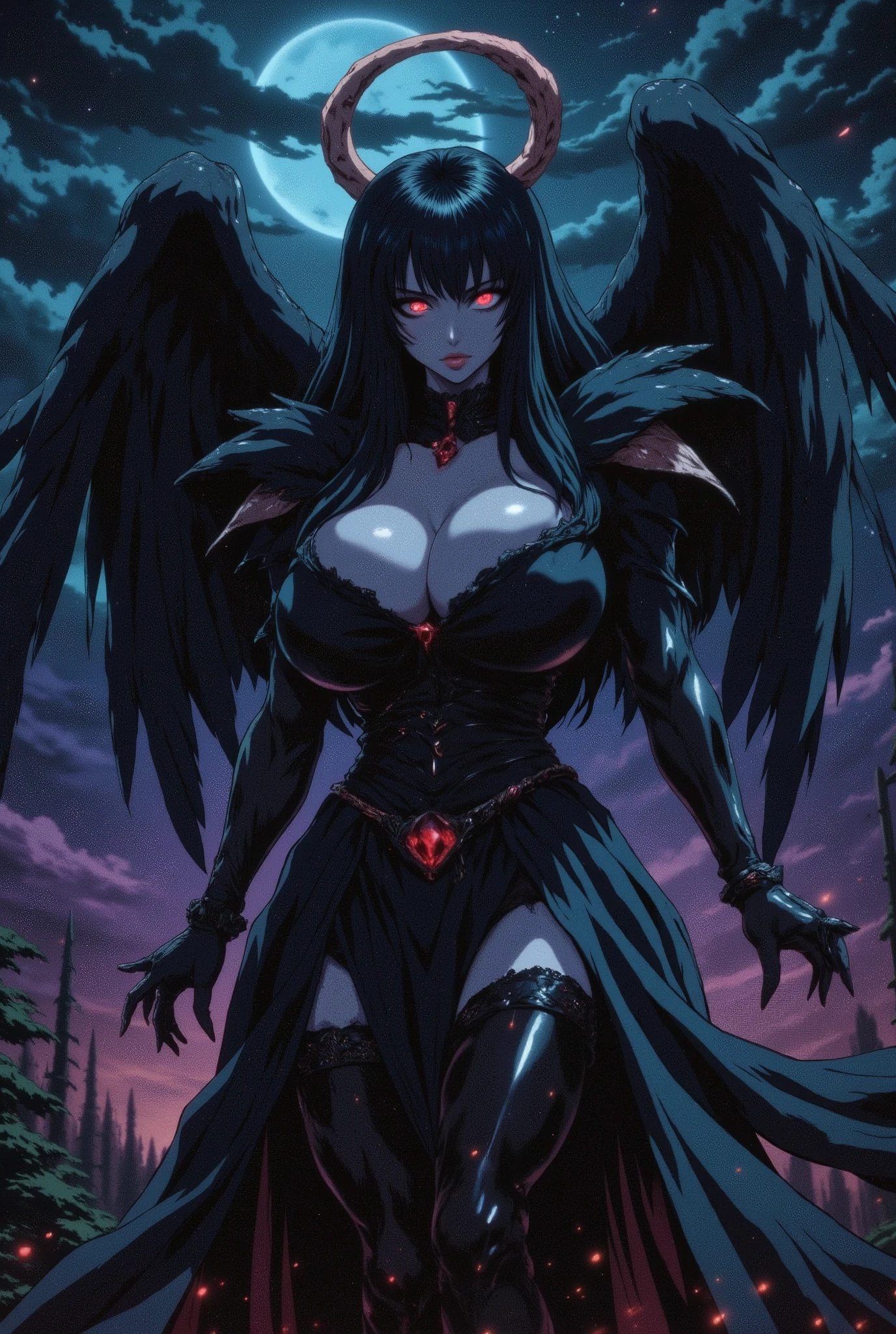 a dark sky with an ethereal bimbo angel and huge breasts covered in gothic clothes in the style of grainy anime