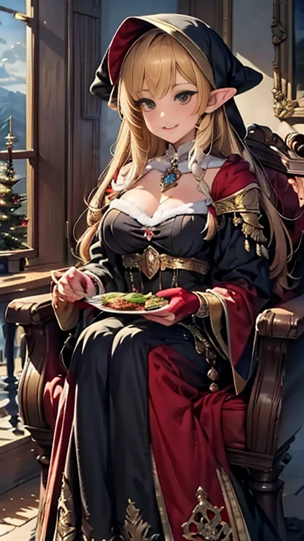 blond woman in a black and gold costume with a hood on, hyperdetailed fantasy character, ornate cosplay, beautiful elf with ornate robes, portrait of a sorceress, portrait of a female mage, beautiful necromancer, beautiful sorceress, a beautiful sorceress, 2. 5 d cgi anime fantasy artwork, beautiful necromancer girl, full body look, full body shot, castle background , winter, Christmas