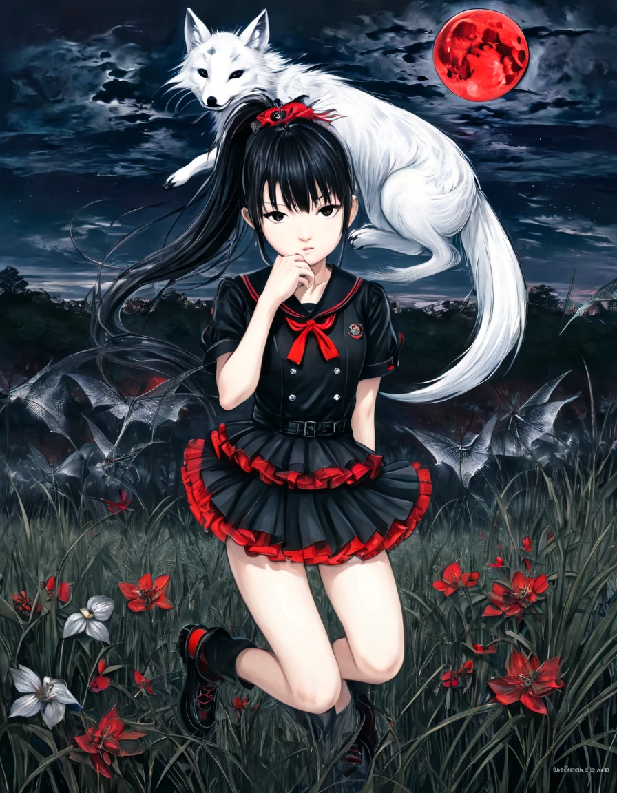 by amano yoshitaka , ( fantasy art ), (Beautiful girl full body, suzuka nakamoto xl,  black ponytail hair), Night grassland background, (Red Moon,  black school uniform, Red accent, White Fox)