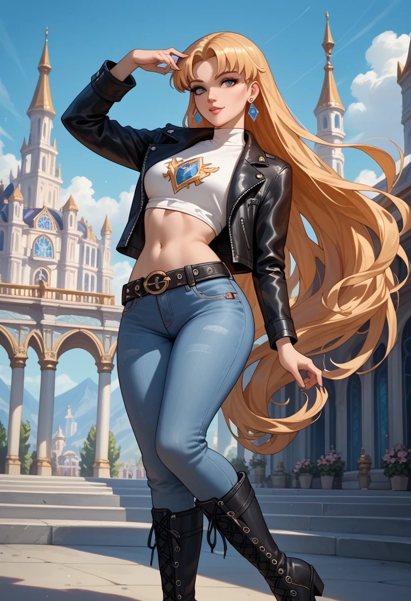 masterpiece, best quality, ultra detail, illustration, 1 girl, icywinx, alone, very long hair, open black leather jacket, jeans, belt, earrings, belly button, leather boots, high definition, fantasy worlds, composition,