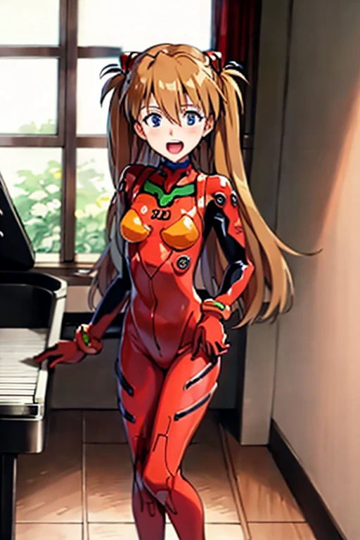 (( top quality)), ((masterpiece)), (be familiar with),  perfect face, indoor, bedroom, looking at the viewer,
One woman,  Soryu Asuka Langley,
 open mouth,  ecstatic expression beside the piano, blush, smile,
 small tits,  flat chested, Young girl, Lori,  s,  girl,
 long hair,  twin tails,
Leg spread,