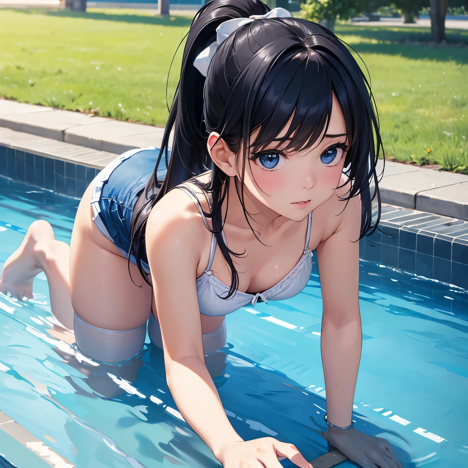 (best quality,4k,8k,highres,masterpiece:1.2),ultra-detailed,(realistic,photorealistic,photo-realistic:1.37),ponytail,black hair,high school girl,mini skirt,poolside, all fours,sideways angle,sunlight,bright colored clothes,slightly exposed necklin, White camisole、Blue mini skirt、Lift your butt