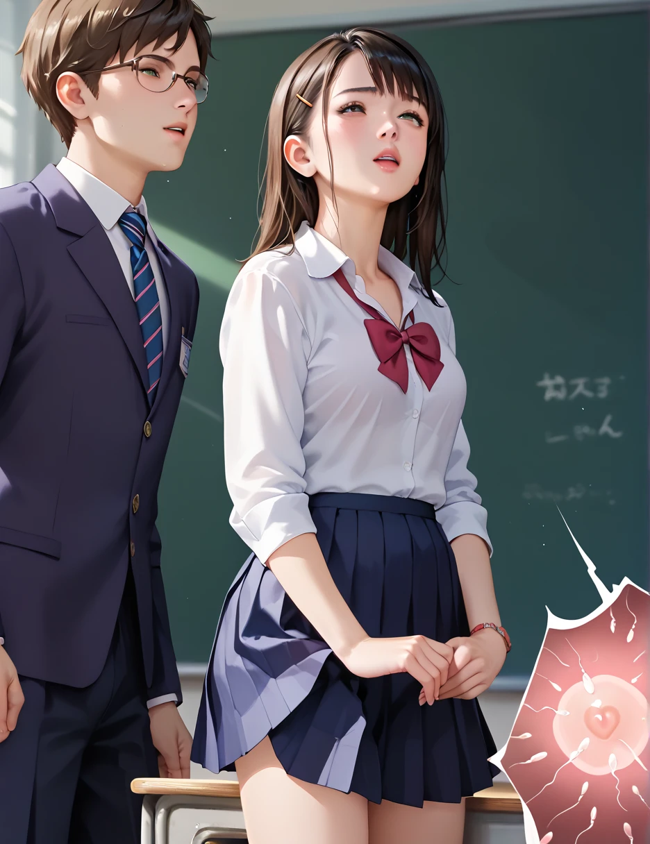 realistic photorealistic high quality 3d render, 1girl, young schoolgirl, school uniform, pleated skirt, standing pose, exposed genitalia, sexual act with teacher, doggy style sex, impregnation, group sex