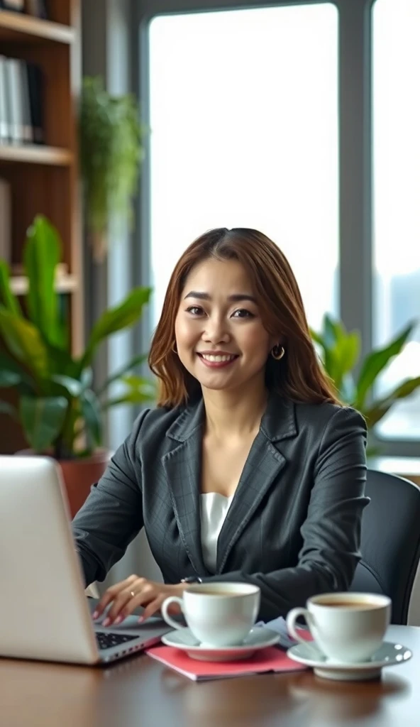 "Realistic image of a Korean woman in a modern office setting, captured with a high-end DSLR camera. The scene features soft low-light ambiance, emphasizing a professional yet approachable atmosphere. The woman has flawless, natural makeup and is dressed in a stylish, elegant office outfit. Her hair is neatly styled, and she is seated at a sleek desk with a laptop, papers, and a coffee cup. The office background includes bookshelves, potted plants, and large windows showing a cityscape. Detailed focus on facial expressions and textures, ensuring a natural look."

