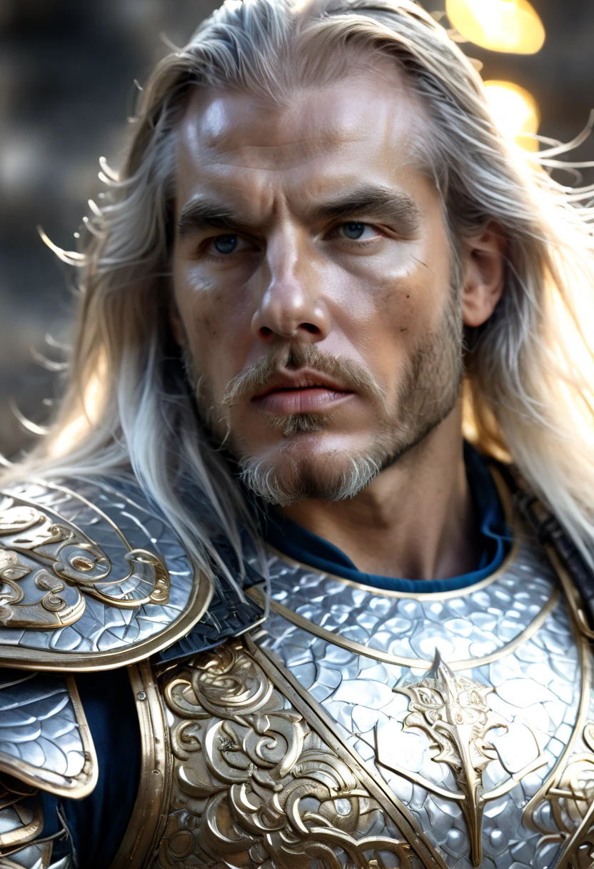 a close up of a 1men in armor armor, Complex armor patterns， gold tracing around some armor pieces, golden armor ，ancient temple background，Clouds in the sky surround the sun，(professional 3d render:1.3) of (Realistic:1.3) ，long white hair 2.0 soft features, Brilliant male hero, ((Epic hero rough fantasy muscular 1male white long hair, Intense expression of short beard and dynamic pose, Fantastic location, Majestic and cluttered ancient temple environment)), Full body 8k unit rendering, action shot, skin pore, very dark lighting, heavy shading, A detailed, Detal Face, (vibration, Realistic photography, Realistic, Dramatic, darkly, sharp focus, 8k),