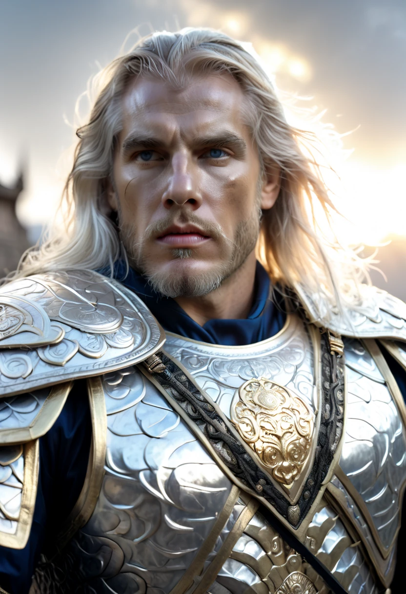 a close up of a 1men in armor armor, Complex armor patterns， gold tracing around some armor pieces, golden armor ，ancient temple background，Clouds in the sky surround the sun，(professional 3d render:1.3) of (Realistic:1.3) ，long white hair 2.0 soft features, Brilliant male hero, ((Epic hero rough fantasy muscular 1male white long hair, Intense expression of short beard and dynamic pose, Fantastic location, Majestic and cluttered ancient temple environment)), Full body 8k unit rendering, action shot, skin pore, very dark lighting, heavy shading, A detailed, Detal Face, (vibration, Realistic photography, Realistic, Dramatic, darkly, sharp focus, 8k),