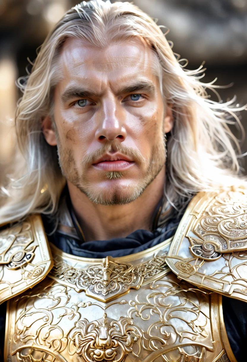 a close up of a 1men in armor armor, Complex armor patterns， gold tracing around some armor pieces, golden armor ，ancient temple background，Clouds in the sky surround the sun，(professional 3d render:1.3) of (Realistic:1.3) ，long white hair 2.0 soft features, Brilliant male hero, ((Epic hero rough fantasy muscular 1male white long hair, Intense expression of short beard and dynamic pose, Fantastic location, Majestic and cluttered ancient temple environment)), Full body 8k unit rendering, action shot, skin pore, very dark lighting, heavy shading, A detailed, Detal Face, (vibration, Realistic photography, Realistic, Dramatic, darkly, sharp focus, 8k),