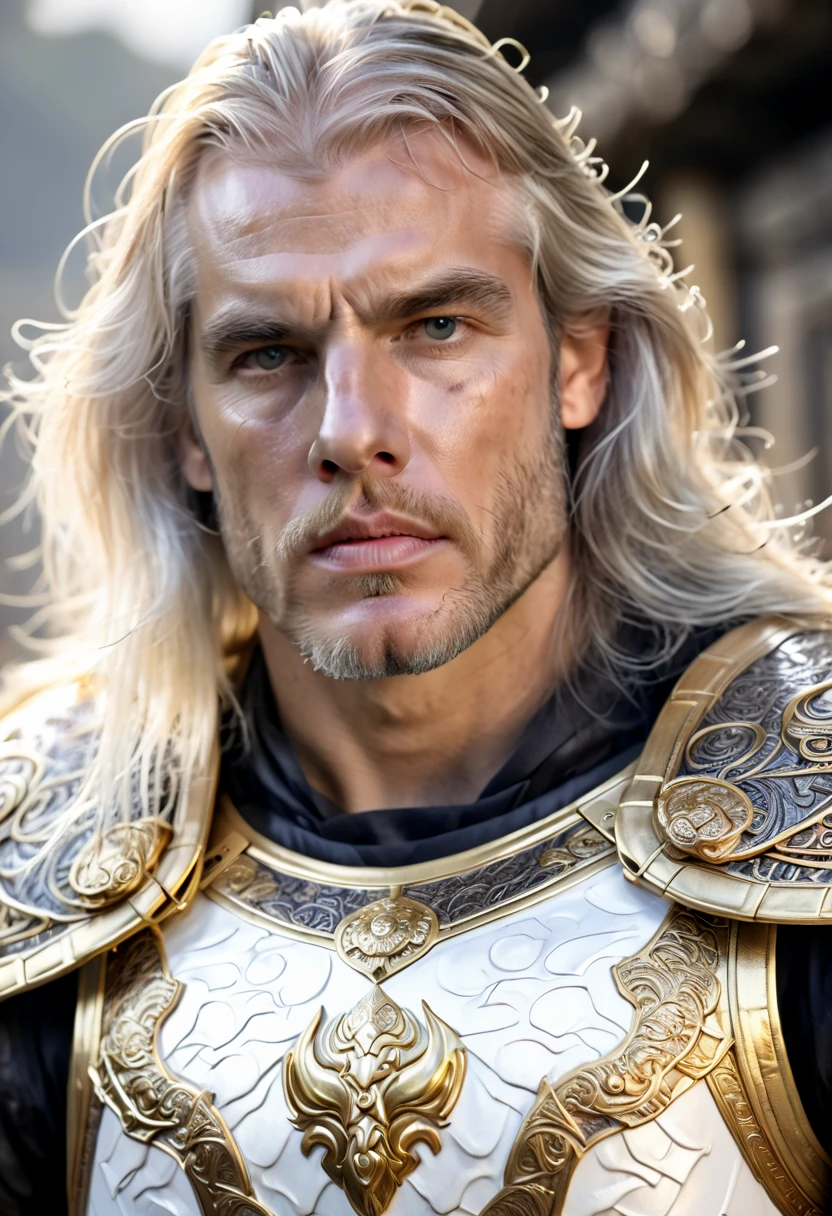 a close up of a 1men in armor armor, Complex armor patterns， gold tracing around some armor pieces, golden armor ，ancient temple background，Clouds in the sky surround the sun，(professional 3d render:1.3) of (Realistic:1.3) ，long white hair 2.0 soft features, Brilliant male hero, ((Epic hero rough fantasy muscular 1male white long hair, Intense expression of short beard and dynamic pose, Fantastic location, Majestic and cluttered ancient temple environment)), Full body 8k unit rendering, action shot, skin pore, very dark lighting, heavy shading, A detailed, Detal Face, (vibration, Realistic photography, Realistic, Dramatic, darkly, sharp focus, 8k),