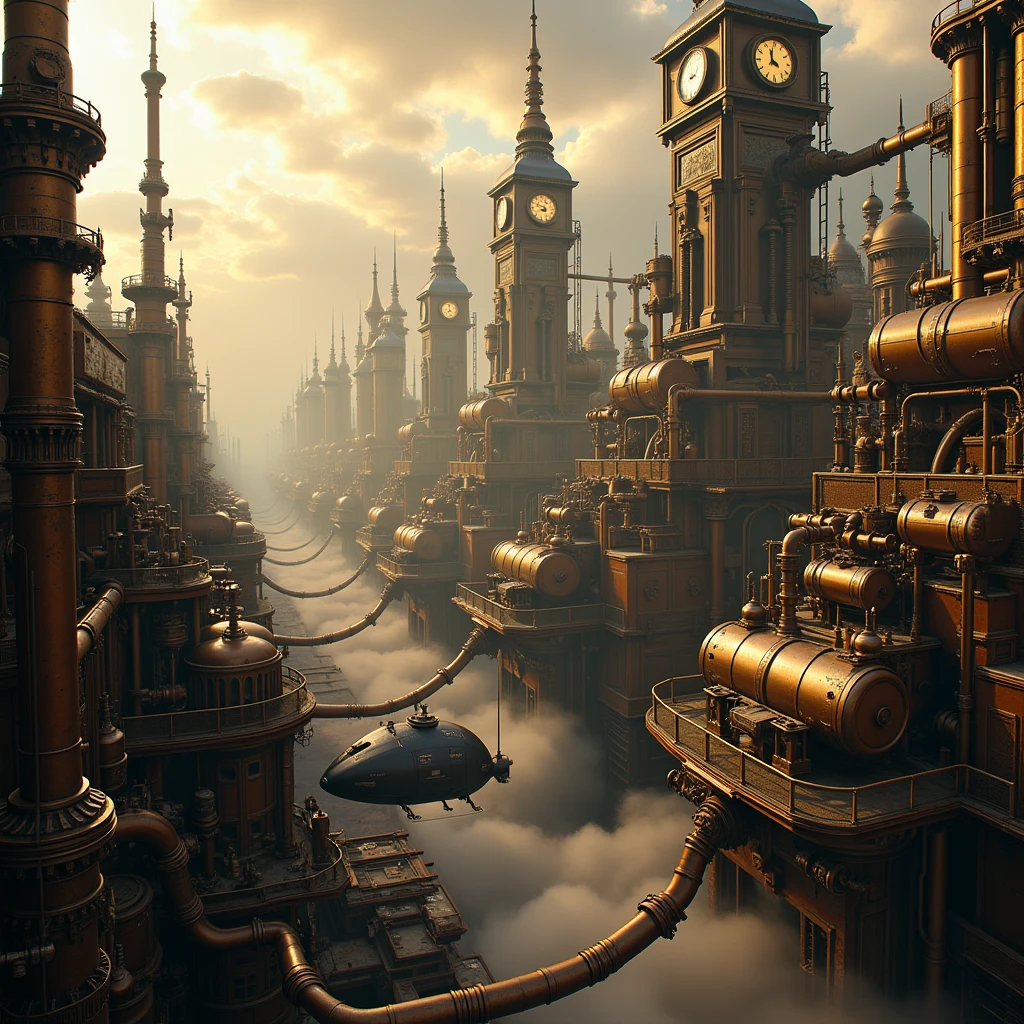 Steampunk style,Gradient,3D Render Art,best quality,immersive details,mechanical cityscape,towering steam-powered structures,gears and pistons,ornate brass and copper textures,vast airship harbor,smoke and steam clouds,Victorian-inspired design,large clock towers,intricate pipes and valves,industrial atmosphere,golden light filtering through clouds,expansive perspective,dramatic lighting,adventurous mood