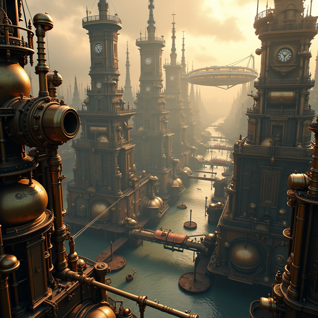 Steampunk style,Gradient,3D Render Art,best quality,immersive details,mechanical cityscape,towering steam-powered structures,gears and pistons,ornate brass and copper textures,vast airship harbor,smoke and steam clouds,Victorian-inspired design,large clock towers,intricate pipes and valves,industrial atmosphere,golden light filtering through clouds,expansive perspective,dramatic lighting,adventurous mood