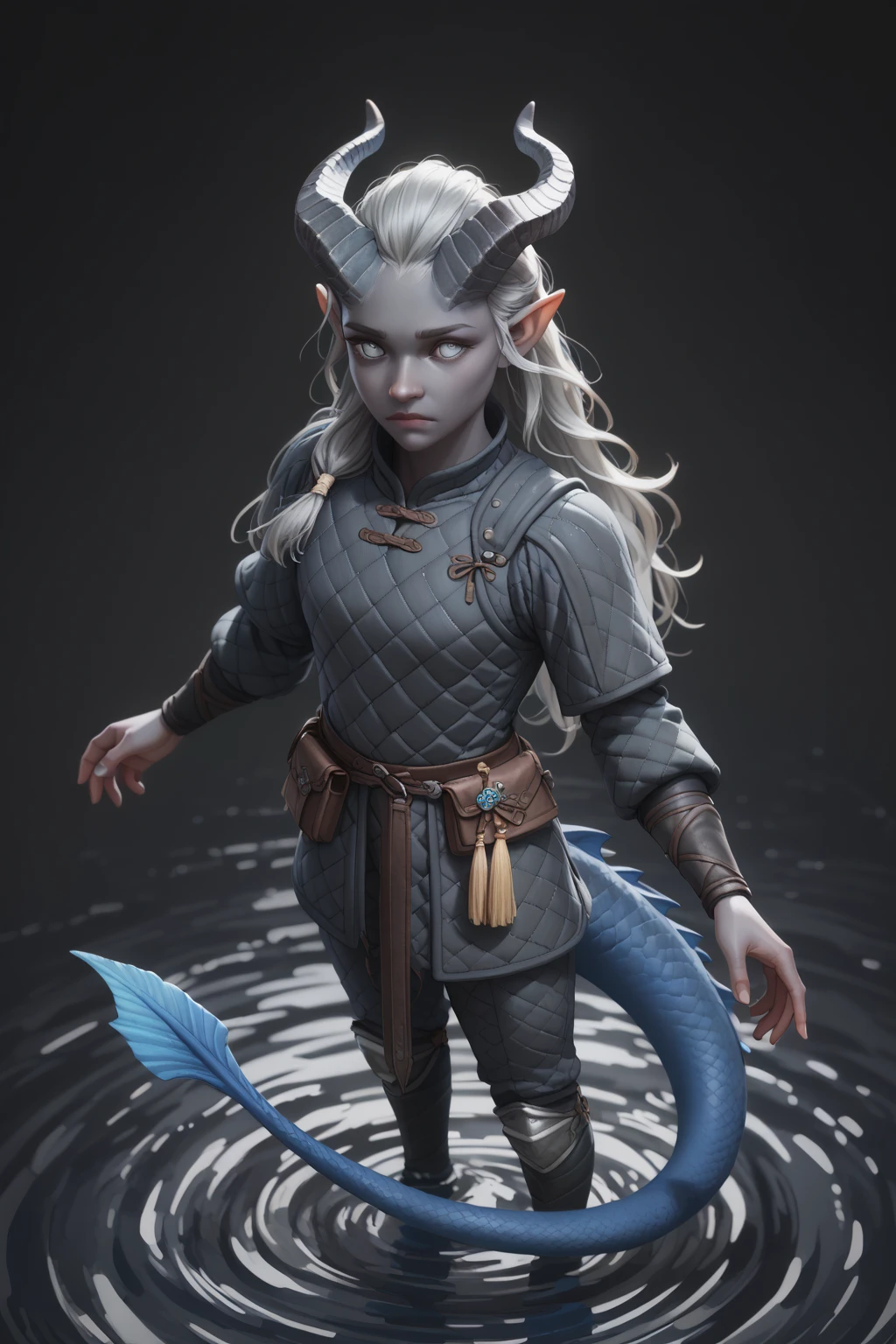 (A sprawling cedar is growing), standing nearby in the water  (((1Тiefling ,  dark blue-gray skin :1.4),  girl  , (30 years old) (bright blue-grey eyes) chainmail, gray-black armor ,   Protection on a thick blue tail,   closed mouth  ,  long, (Thick tifling tail with tassel),   dark gray horns  , long hair white ,  One,   grey hair)) ,  (  top quality ,  masterpiece fails,   in the highest detail ) ,  fantasy background. blue tones, Dark tones,  fantasy background.  Clear water. scale,  Dark colors , dark shades,  muted colors. (( view from above )).  muted colors. On the background, a blue magic portal.  magical energy .