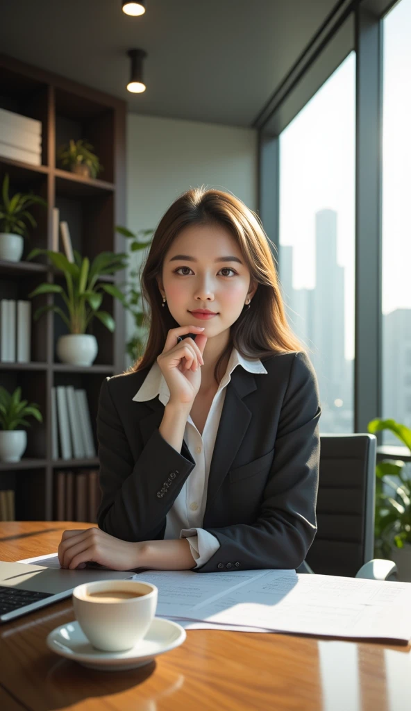 "Realistic image of a Korean woman in a modern office setting, captured with a high-end DSLR camera. The scene features soft low-light ambiance, emphasizing a professional yet approachable atmosphere. The woman has flawless, natural makeup and is dressed in a stylish, elegant office outfit. Her hair is neatly styled, and she is seated at a sleek desk with a laptop, papers, and a coffee cup. The office background includes bookshelves, potted plants, and large windows showing a cityscape. Detailed focus on facial expressions and textures, ensuring a natural look."

