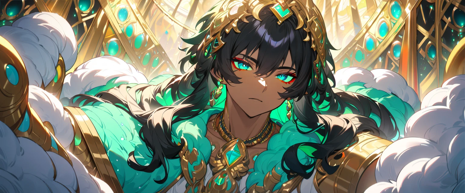 Anime man, very long fluffy black hair, green bangs, Egyptian, Brown skin, gold, gold necklace, Dressed as Santa Claus, sitting, looking at camera detailed, ((man)), half body, epic, beautiful, detailed face, highres, ultra detailed, (((bright colours, A striking theme))),(Intricate),(Masterpiece),(Best Quality).