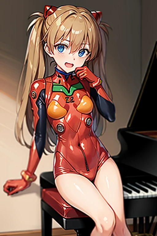 (( top quality)), ((masterpiece)), (be familiar with),  perfect face, indoor, bedroom, looking at the viewer,
One woman,  Soryu Asuka Langley,
 open mouth,  ecstatic expression beside the piano, blush, smile,
 small tits,  flat chested, Young girl, Lori,  s,  girl,
 long hair,  twin tails,
Leg spread,