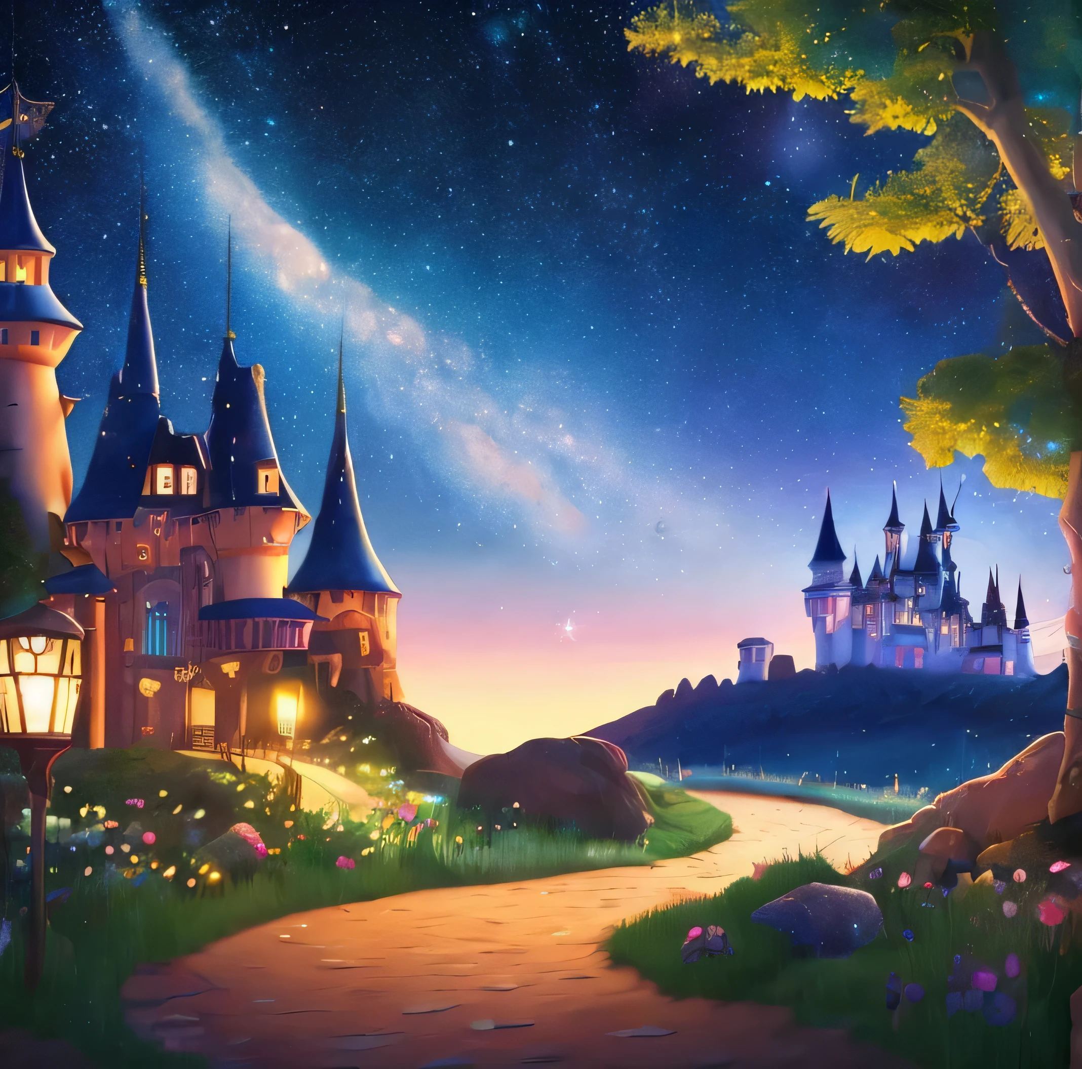 Disney pixar, scenic pictures、Western style castle、there is a winding road leading to the castle。Magic Night, Disney style illustrations, magical lullabies, dreamy atmosphere, starry sky,,bedtime stories, Animated backgrounds, night adventures, Sweet dreams, unique fantasy, scenery musical evening, sleepy time, fairy tale atmosphere, animation for ren