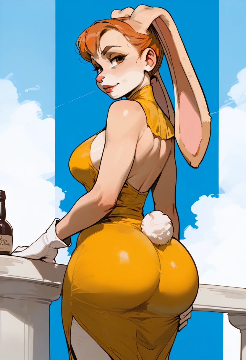 score_9, score_7_up, furry, 1girl, solo, vanilla the rabbit, blue background, ass, dress, looking at viewer, looking back, taut dress, mature female, ass, white gloves, presenting, yellow dress, large breasts, sideboob,