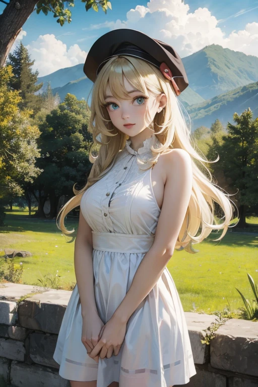 (  masterpiece ,  top quality,  best quality , official art, detailed:1.2), PriscilaW3 , 1 , Alone,  long hair, breasts,  looking at the viewer,  blonde hair ,  red hat,  green eyes,  outdoor, sky, is,  cloud,  tree , blue sky, mountain, realistic