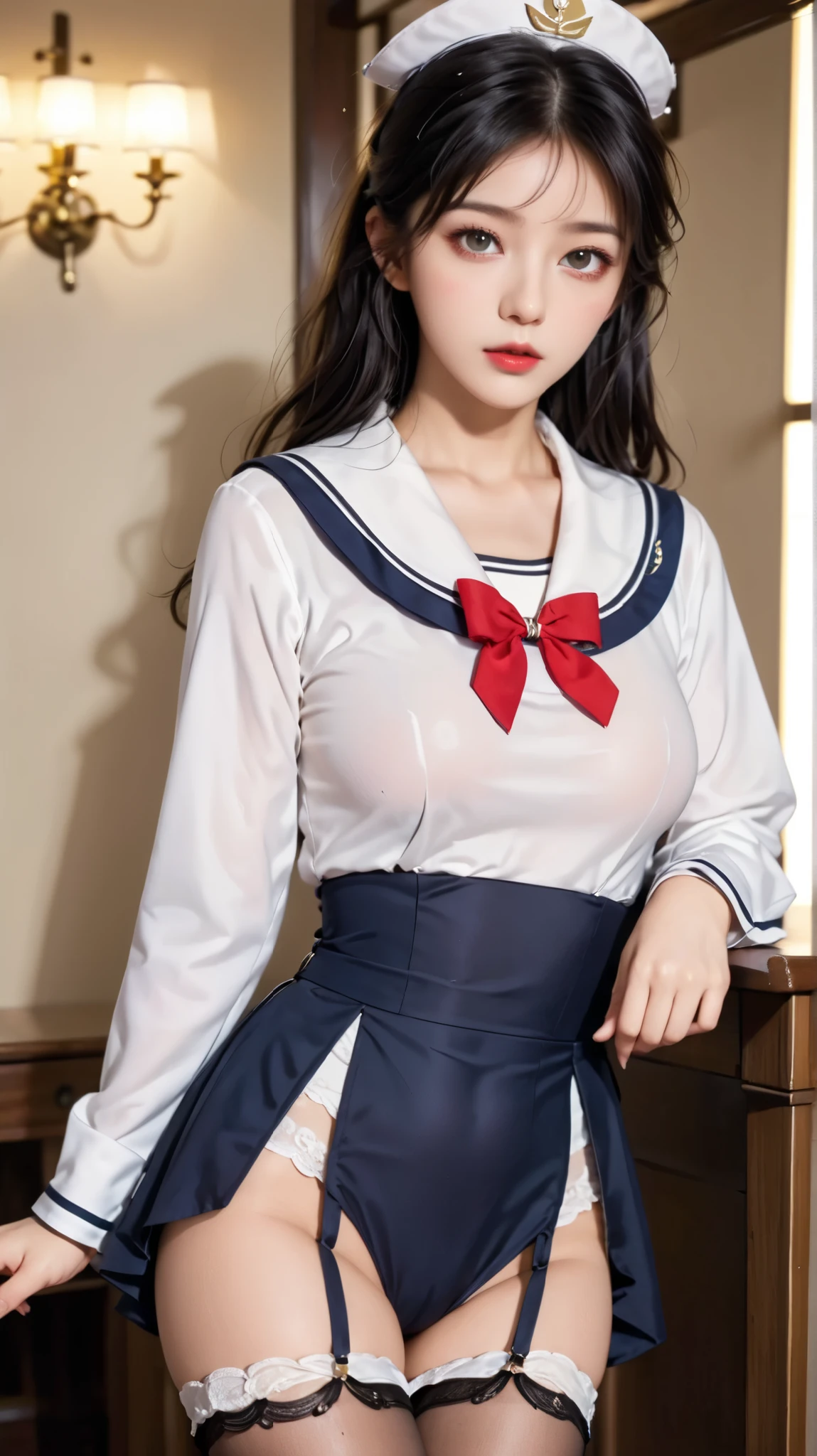 classroom, ((( sailor suit)))、 girl,  The Eyes That Seduce Viewers, Shine, Shine, masterpiece, The sweet taste of temptation, nice, masterpiece,  best quality,  Shadow, S-Core_9, S-Core_8_up, S-Core_7_up、(gigantic breast:1.1)、 black hair、 standing 、(Big Eyes)、(skirt)、Small waist、(Very long legs)、 black stockings、(Breasts covered with clothes)、takeda hiromitsu style, Fingering、ass Fingering、 garter belt