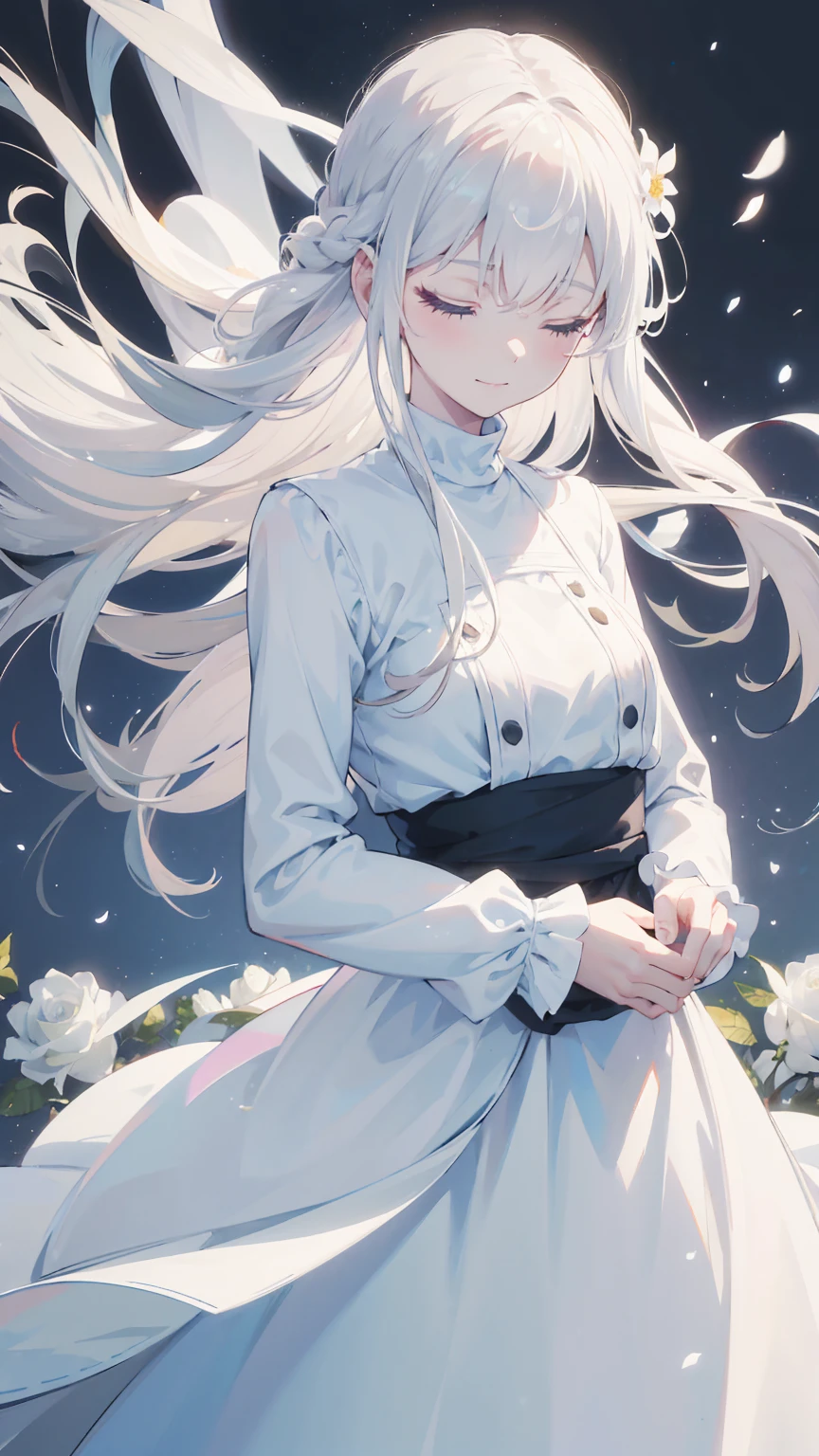 white hair, long hair, closed eyes, little smile, bring 1 stalk of flower, white flower, wind effect, abstract background, blowed hair, turtle neck white dress, smell the flower that she bring, white rose